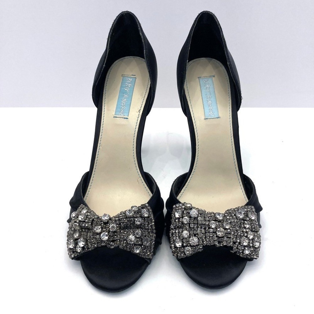 Betsey Johnson SB-Gown Black Satin Heels Rhinestone Bow Womens 10 M Peep Toe